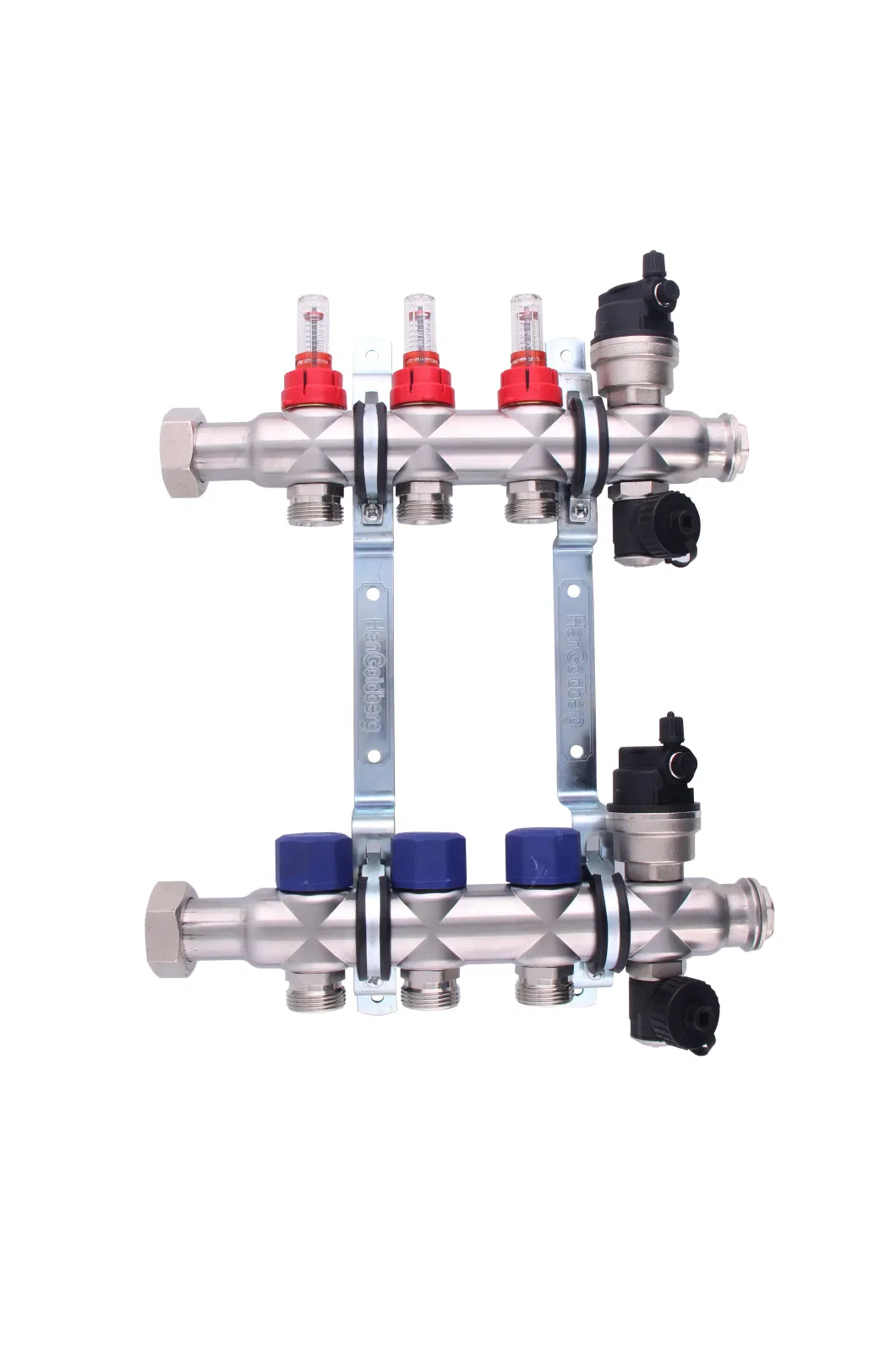 Stainless Steel 304 Manifolds with 16 Type Flow Meters. Brass Auto Air Vent, Drain Valve and Outputs of The Eurocone Standard